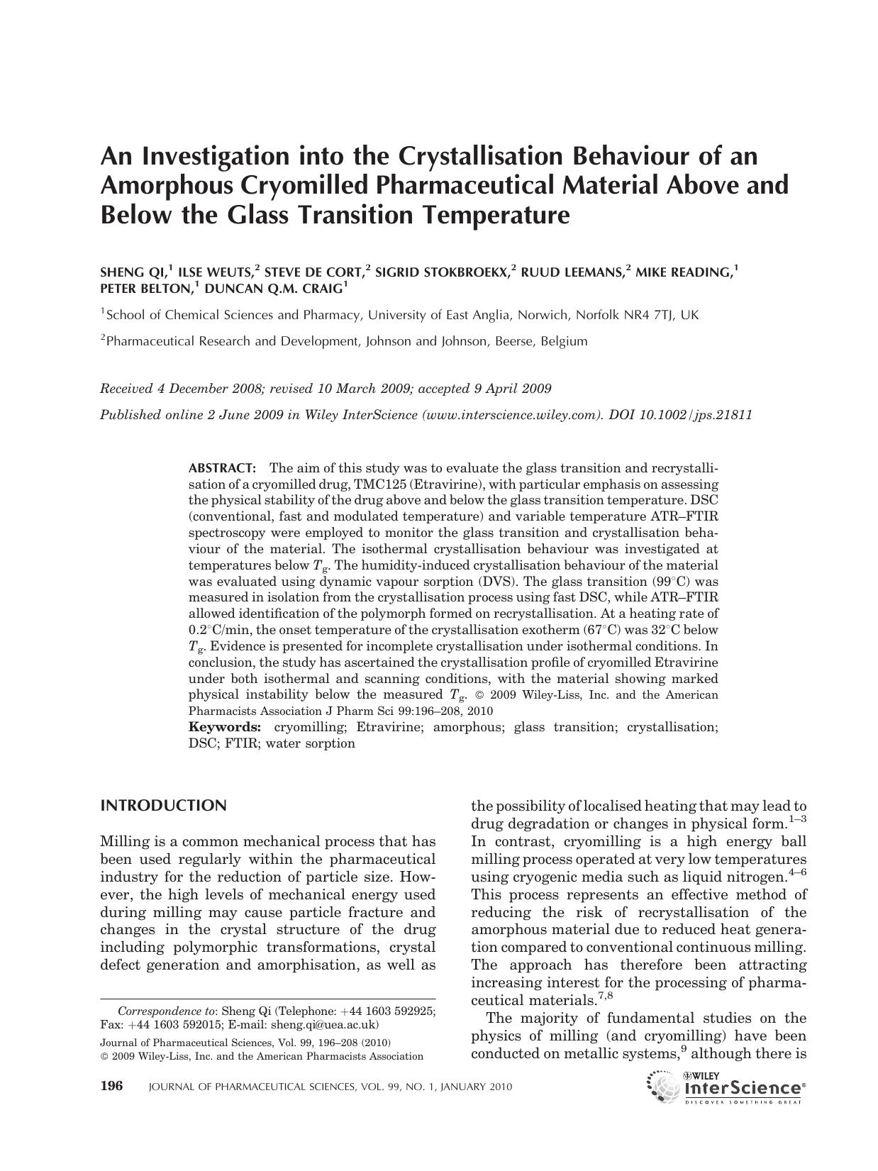 An investigation into the crystallisation behaviour of an amorphous cryomilled pharmaceutical material above and below the glass transition temperature by Unknown
