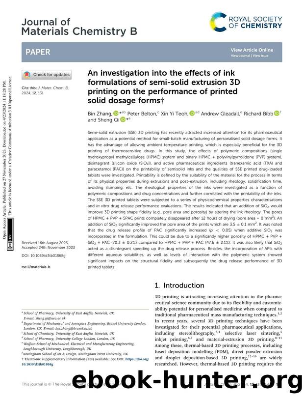 An investigation into the effects of ink formulations of semi-solid extrusion 3D printing on the performance of printed solid dosage forms by Bin Zhang & Peter Belton & Xin Yi Teoh & Andrew Gleadall & Richard Bibb & Sheng Qi