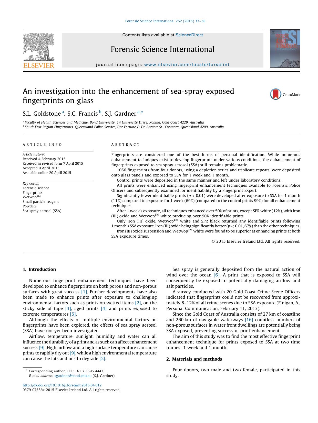 An investigation into the enhancement of sea-spray exposed fingerprints on glass by S.L. Goldstone & S.C. Francis & S.J. Gardner