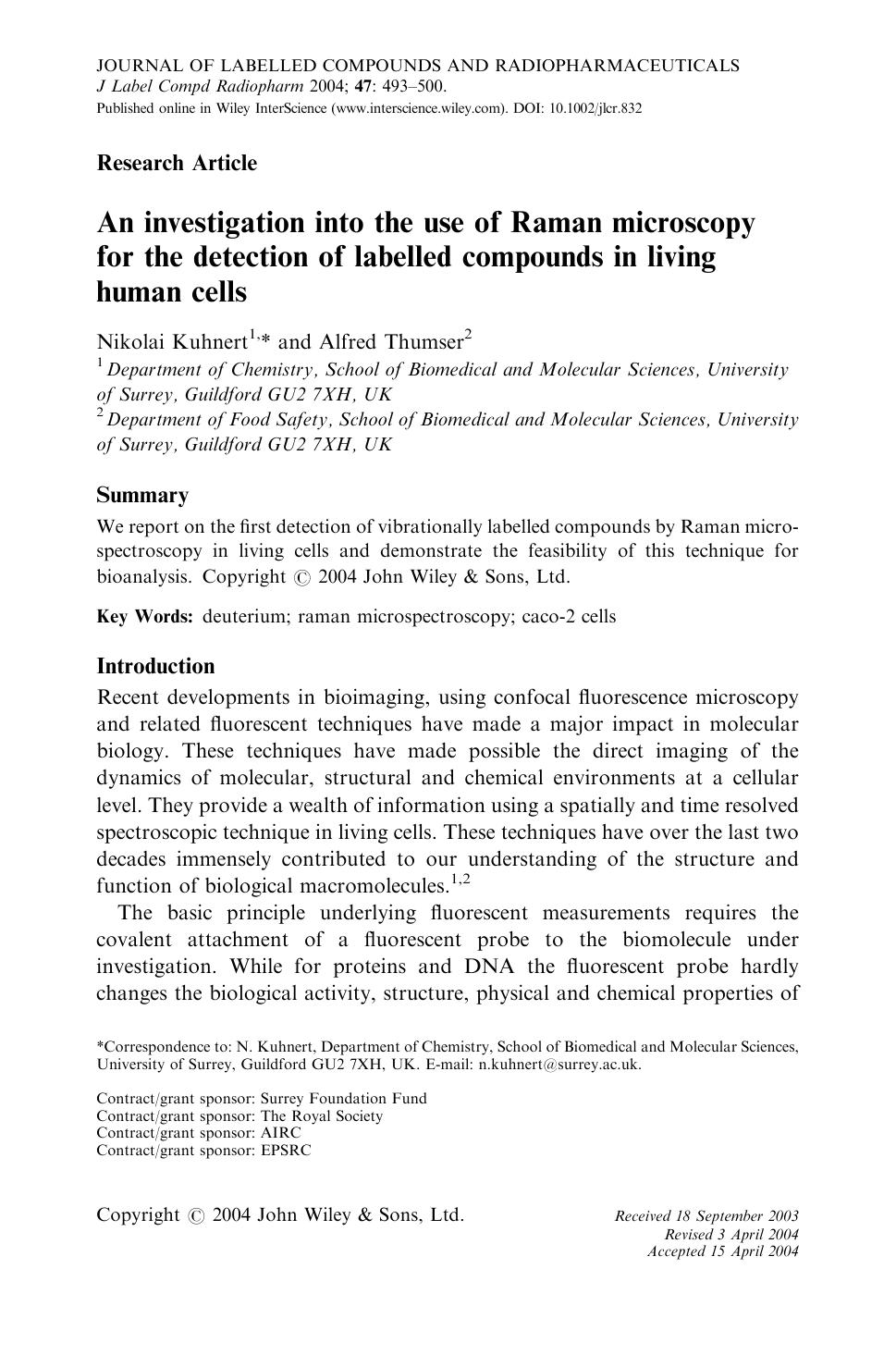 An investigation into the use of Raman microscopy for the detection of labelled compounds in living human cells by Unknown