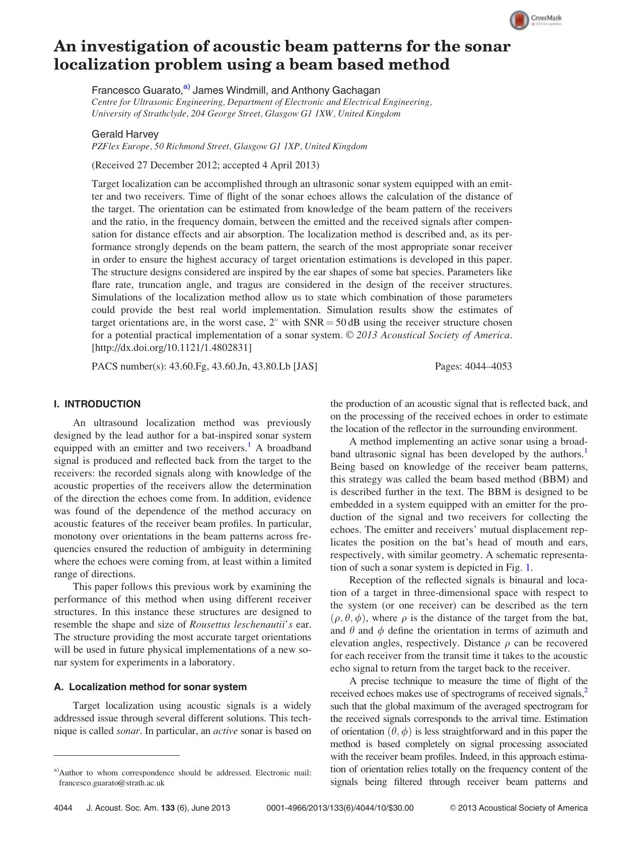 An investigation of acoustic beam patterns for the sonar localization problem using a beam based method by Francesco Guarato a) James Windmill Anthony Gachagan and Gerald Harvey