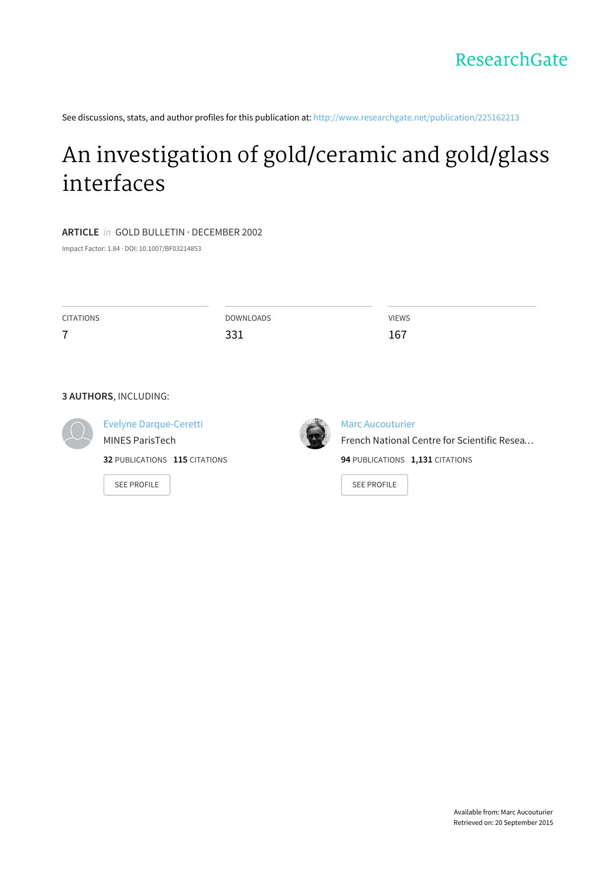 An investigation of gold/ceramic and gold/glass interfaces by Darque-Ceretti Evelyne Hélary Doriane Aucouturier Marc