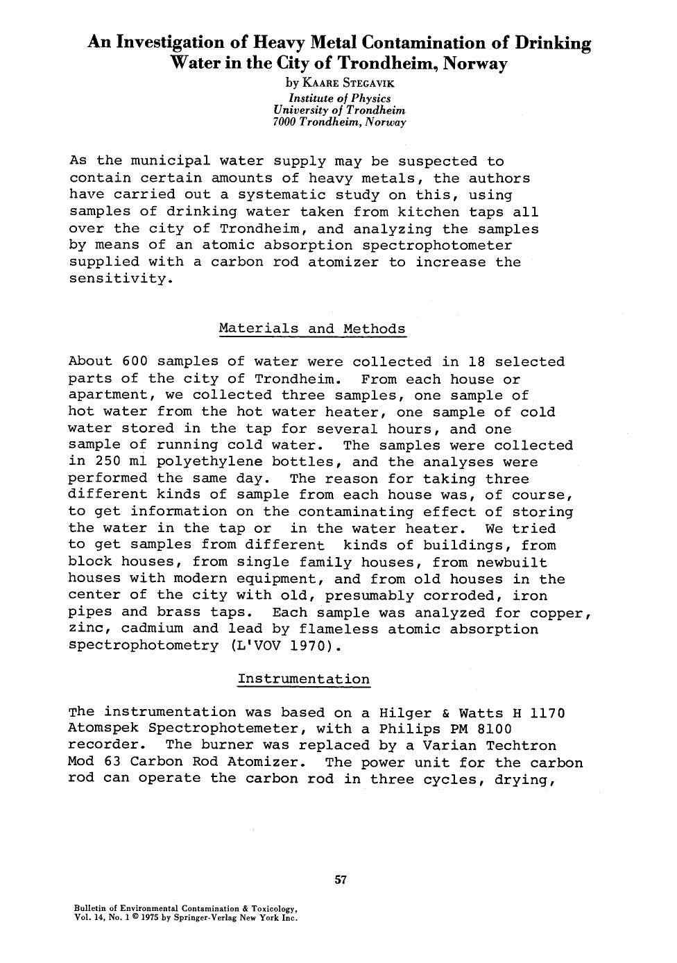 An investigation of heavy metal contamination of drinking water in the city of Trondheim, Norway by Unknown