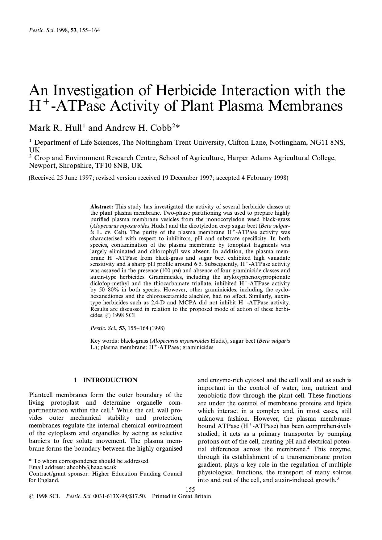 An investigation of herbicide interaction with the H+ATPase activity of plant plasma membranes by Hull Cobb