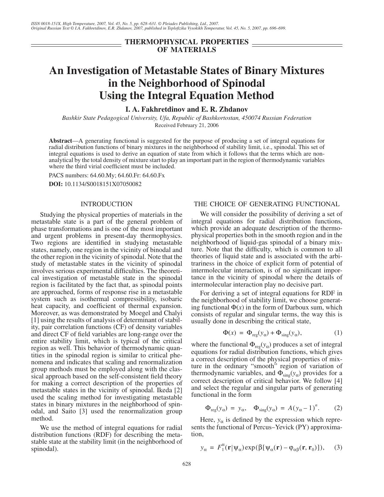 An investigation of metastable states of binary mixtures in the neighborhood of spinodal using the integral equation method by Unknown