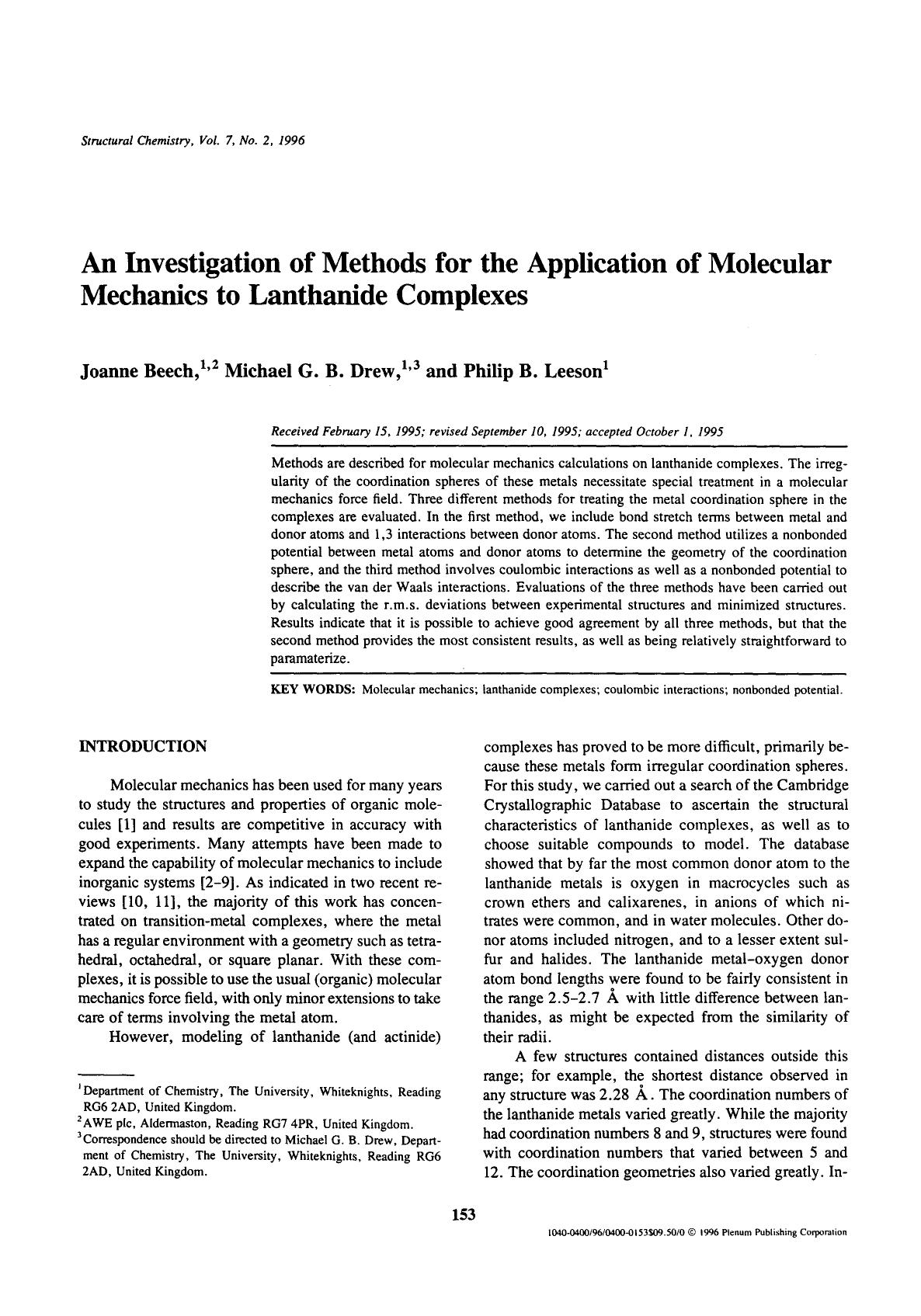 An investigation of methods for the application of molecular mechanics to lanthanide complexes by Unknown