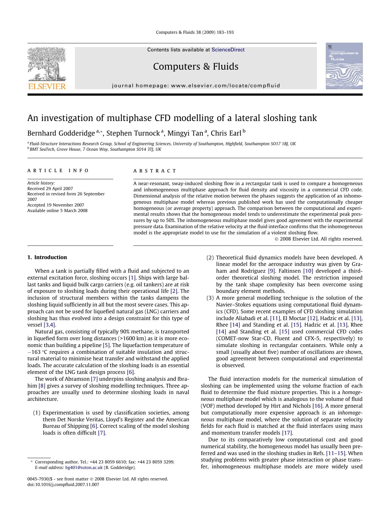 An investigation of multiphase CFD modelling of a lateral sloshing tank by Bernhard Godderidge; Stephen Turnock; Mingyi Tan; Chris Earl
