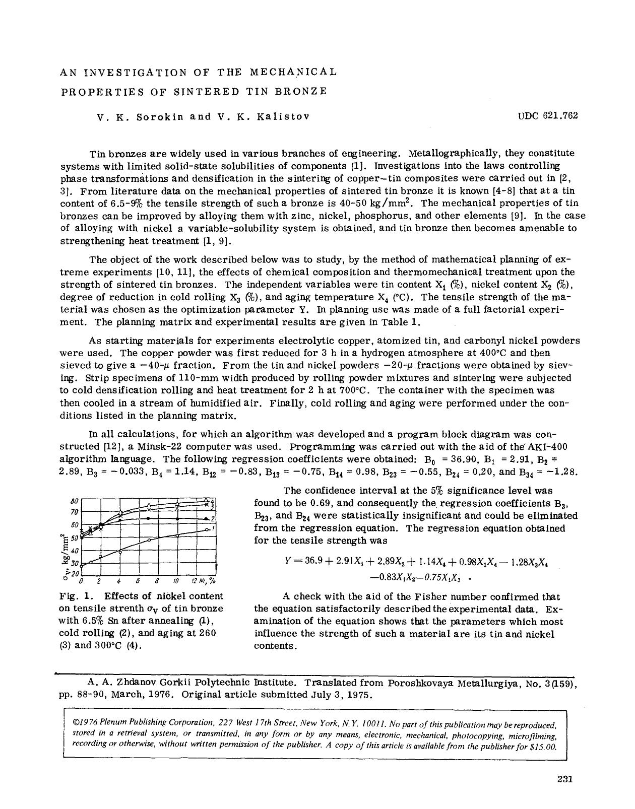 An investigation of the mechanical properties of sintered tin bronze by Unknown