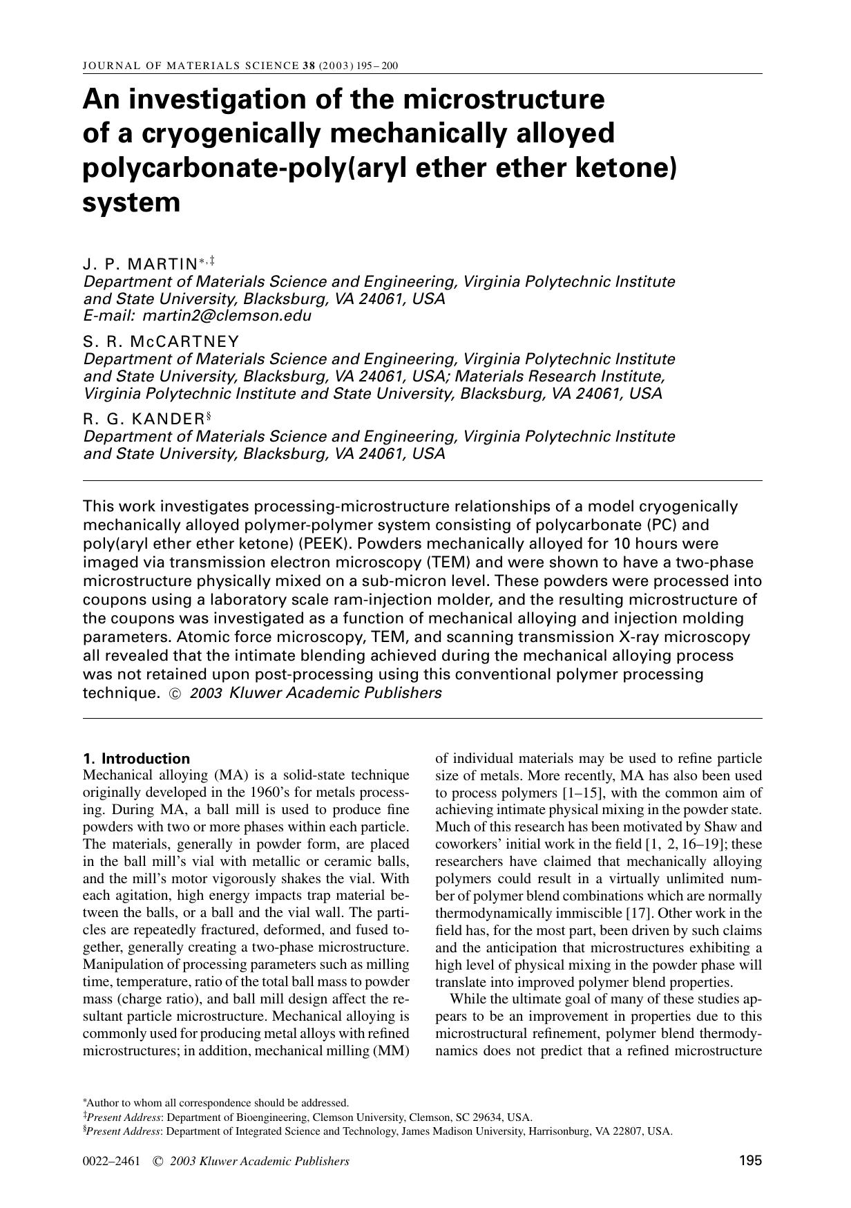 An investigation of the microstructure of a cryogenically mechanically alloyed polycarbonate-poly(aryl ether ether ketone) system by Unknown