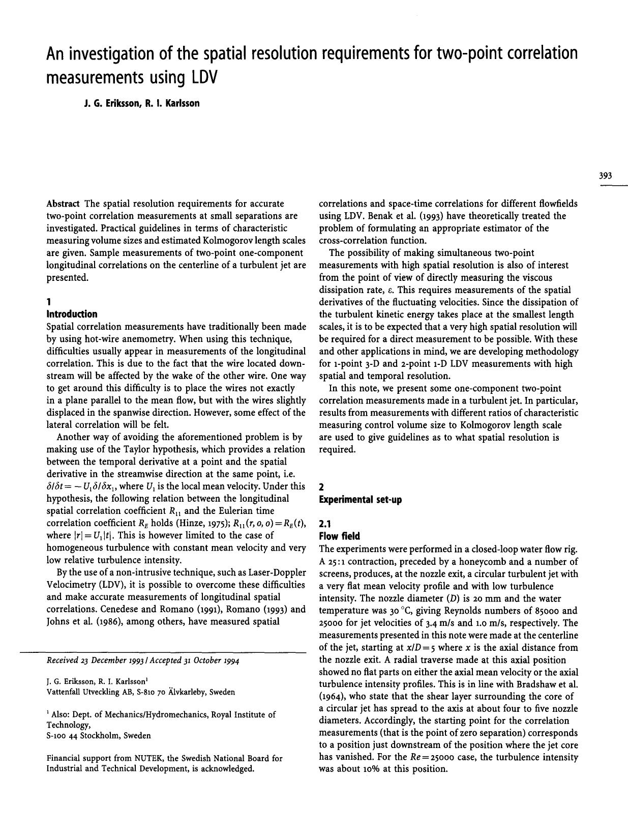 An investigation of the spatial resolution requirements for two-point correlation measurements using LDV by Unknown