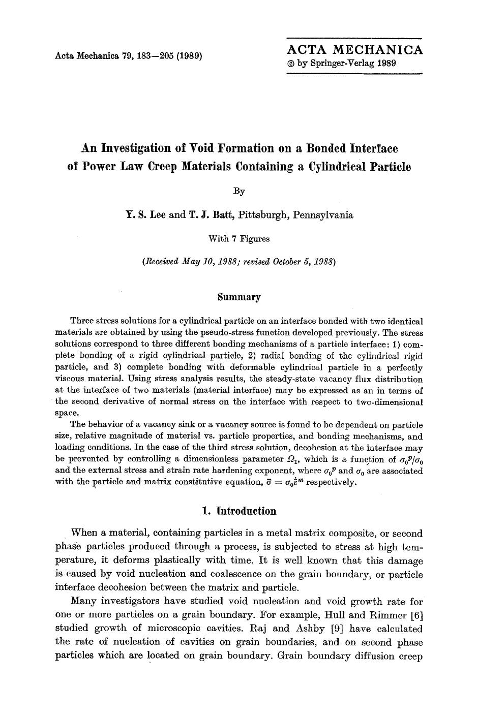 An investigation of void formation on a bonded interface of power law creep materials containing a cylindrical particle by Unknown