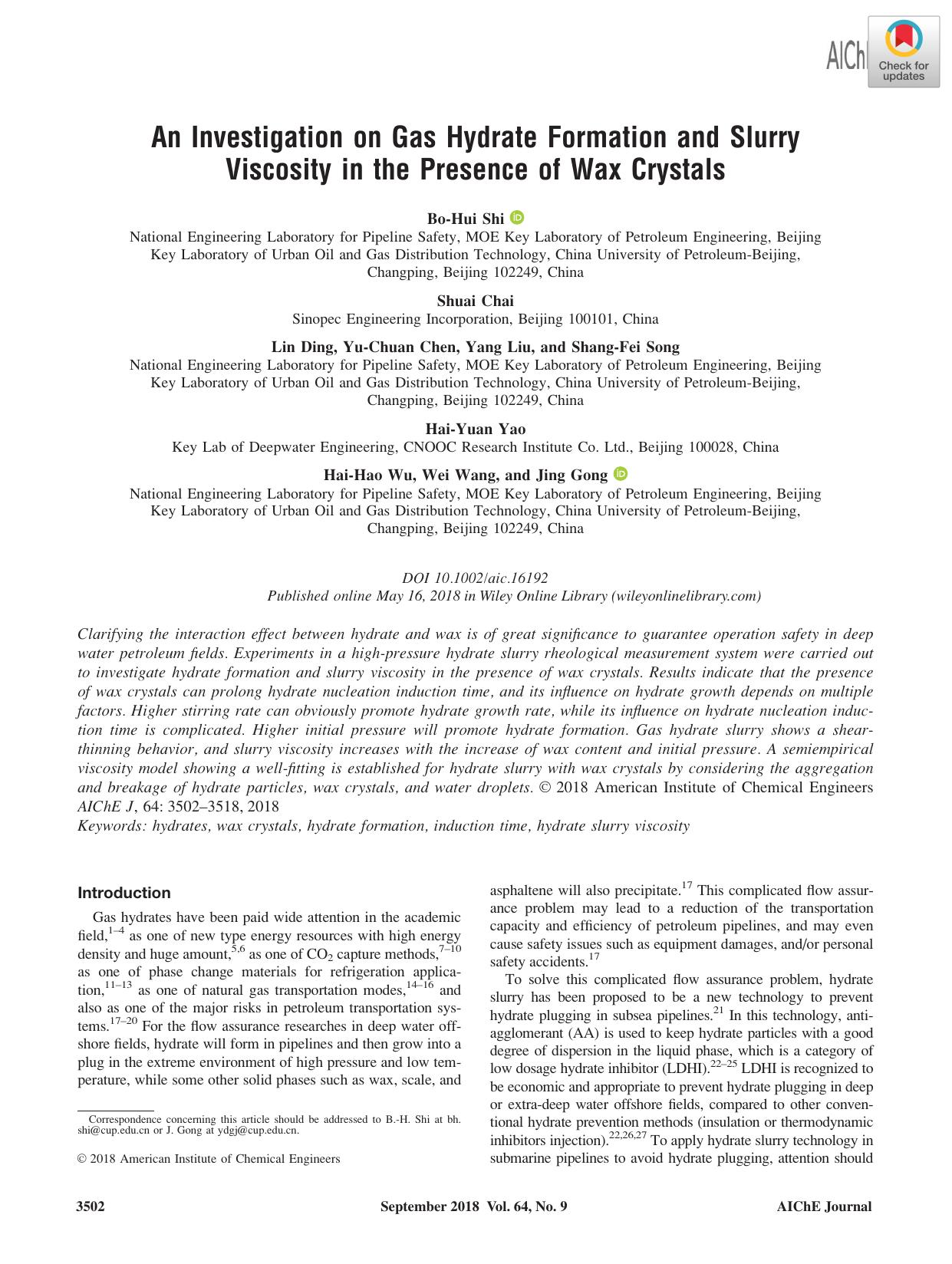An investigation on gas hydrate formation and slurry viscosity in the presence of wax crystals by Unknown