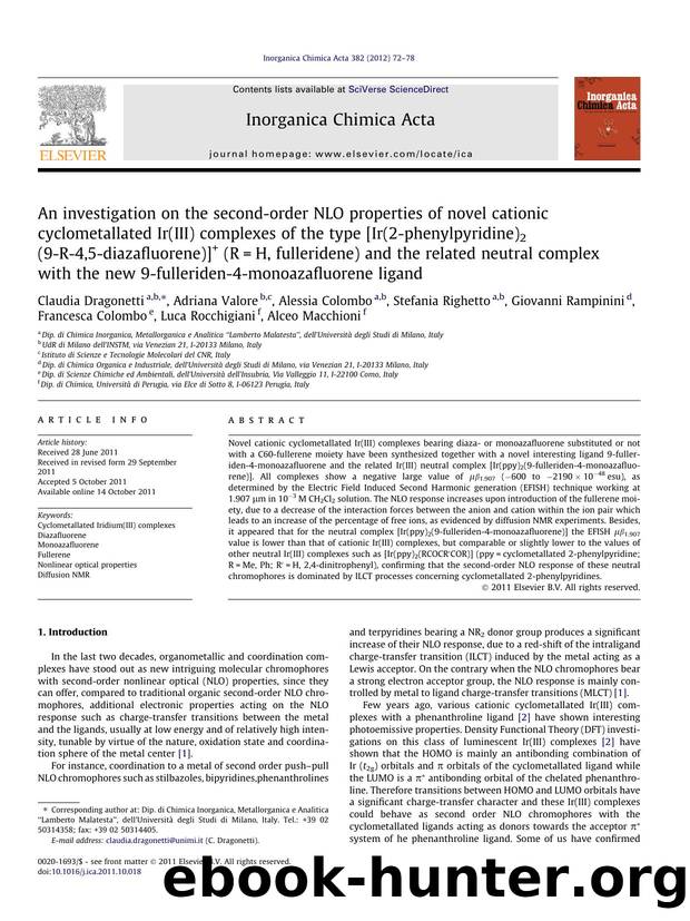 An investigation on the second-order NLO properties of novel cationic cyclometallated Ir(III) complexes of the type [Ir(2-phenylpyridine)2(9-R-4,5-diazafluorene)]+ (R=H, fulleriden by unknow
