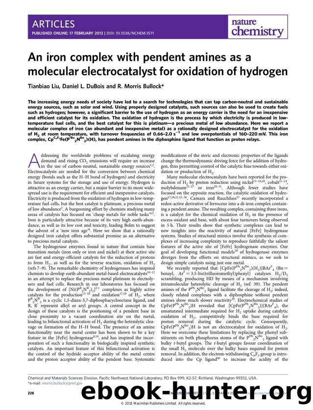 An iron complex with pendent amines as a molecular electrocatalyst for oxidation of hydrogen by Tianbiao Liu & Daniel L. DuBois & R. Morris Bullock