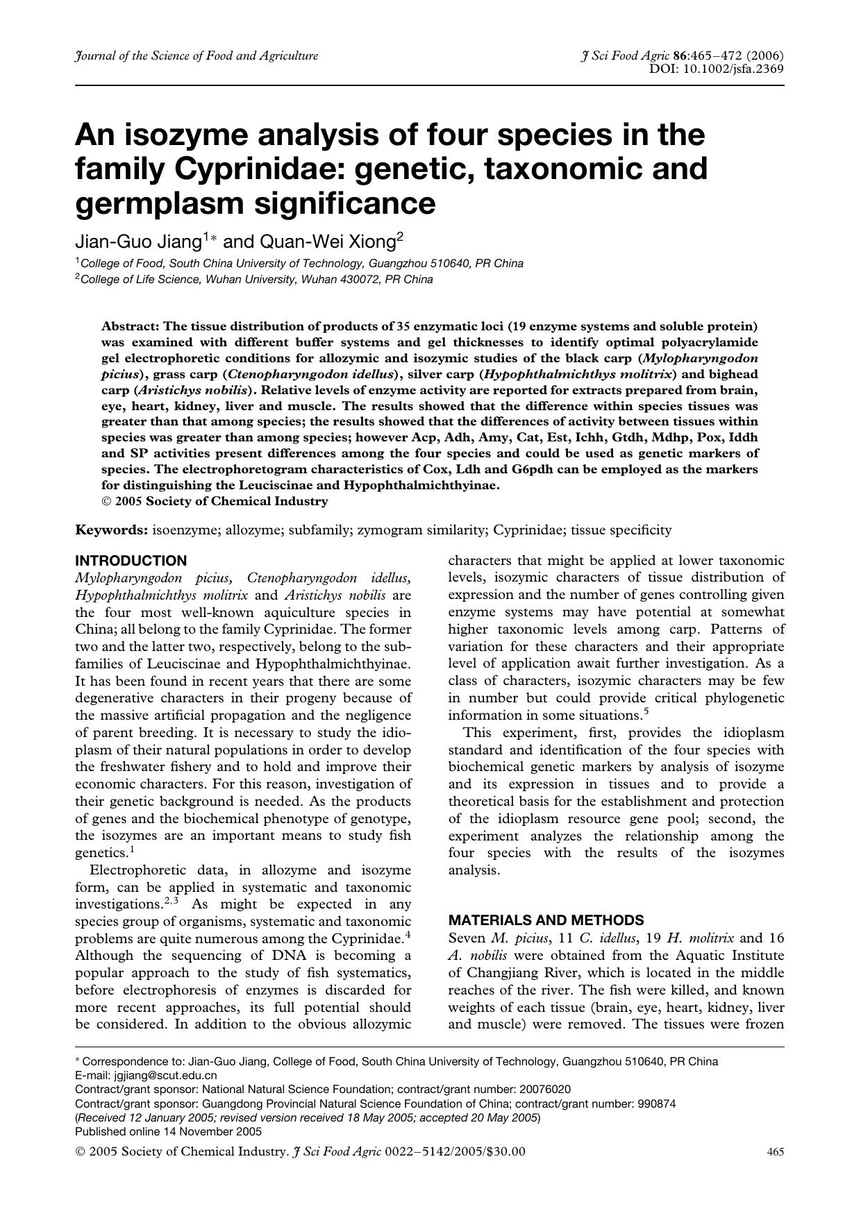 An isozyme analysis of four species in the family Cyprinidae: genetic, taxonomic and germplasm significance by Unknown