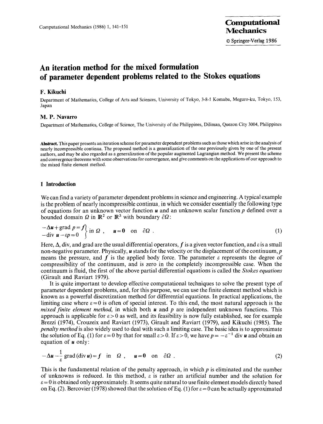 An iteration method for the mixed formulation of parameter dependent problems related to the Stokes equations by Unknown