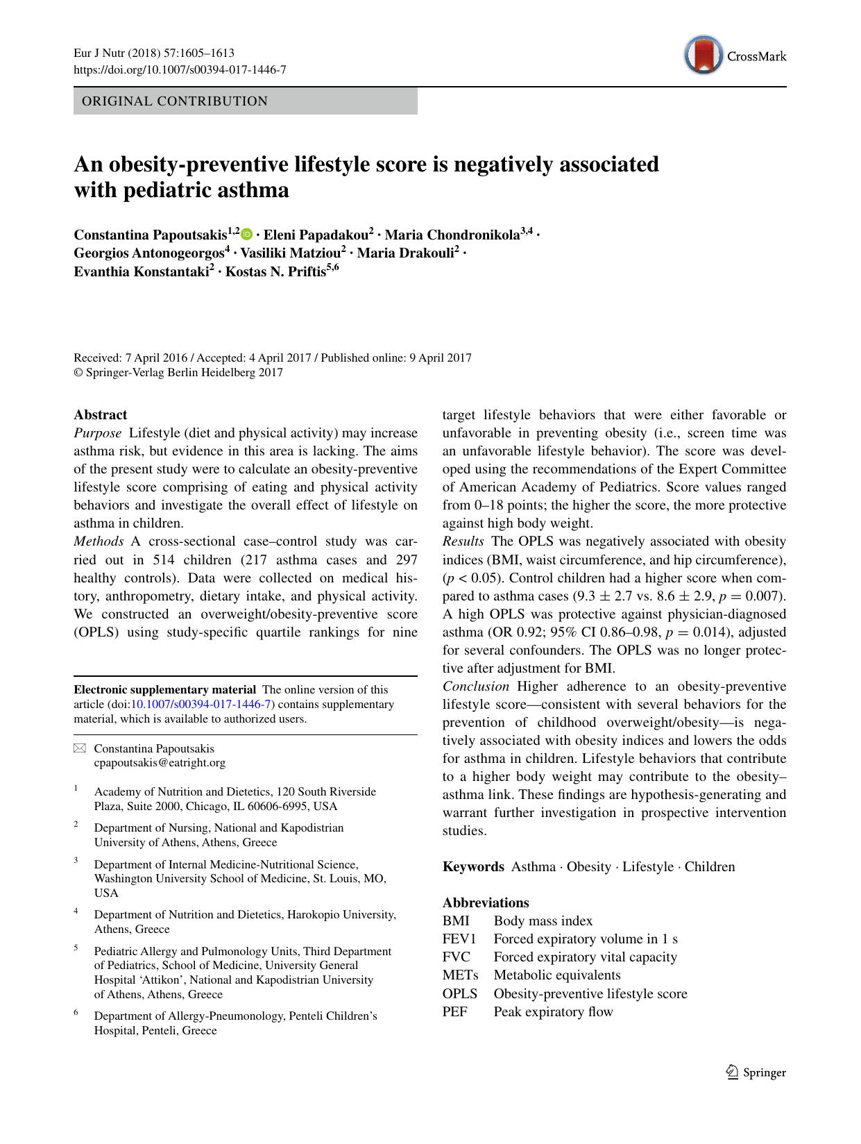 An obesity-preventive lifestyle score is negatively associated with pediatric asthma by unknow