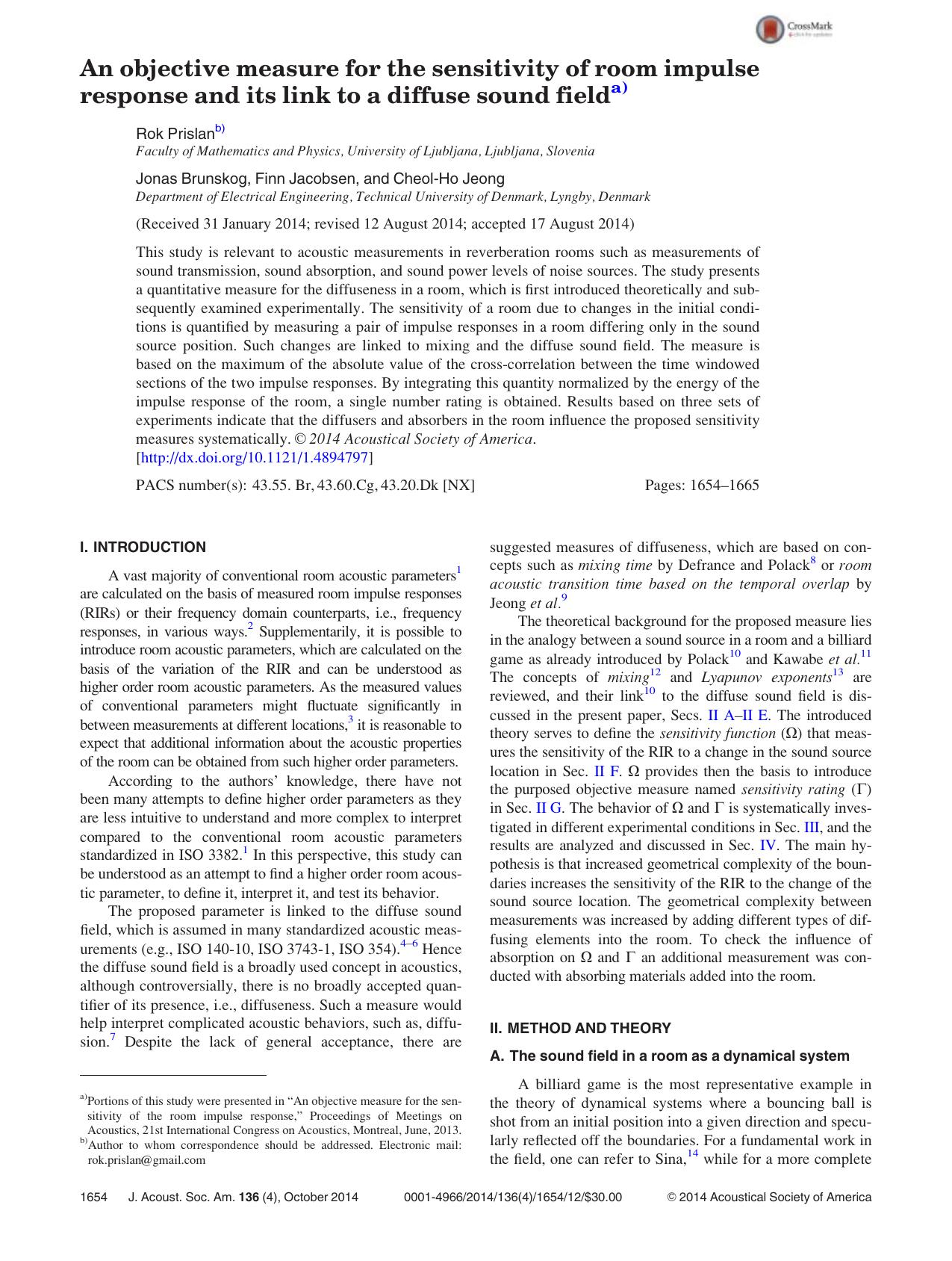 An objective measure for the sensitivity of room impulse response and its link to a diffuse sound fielda) by Rok Prislan & Jonas Brunskog & Finn Jacobsen & Cheol-Ho Jeong