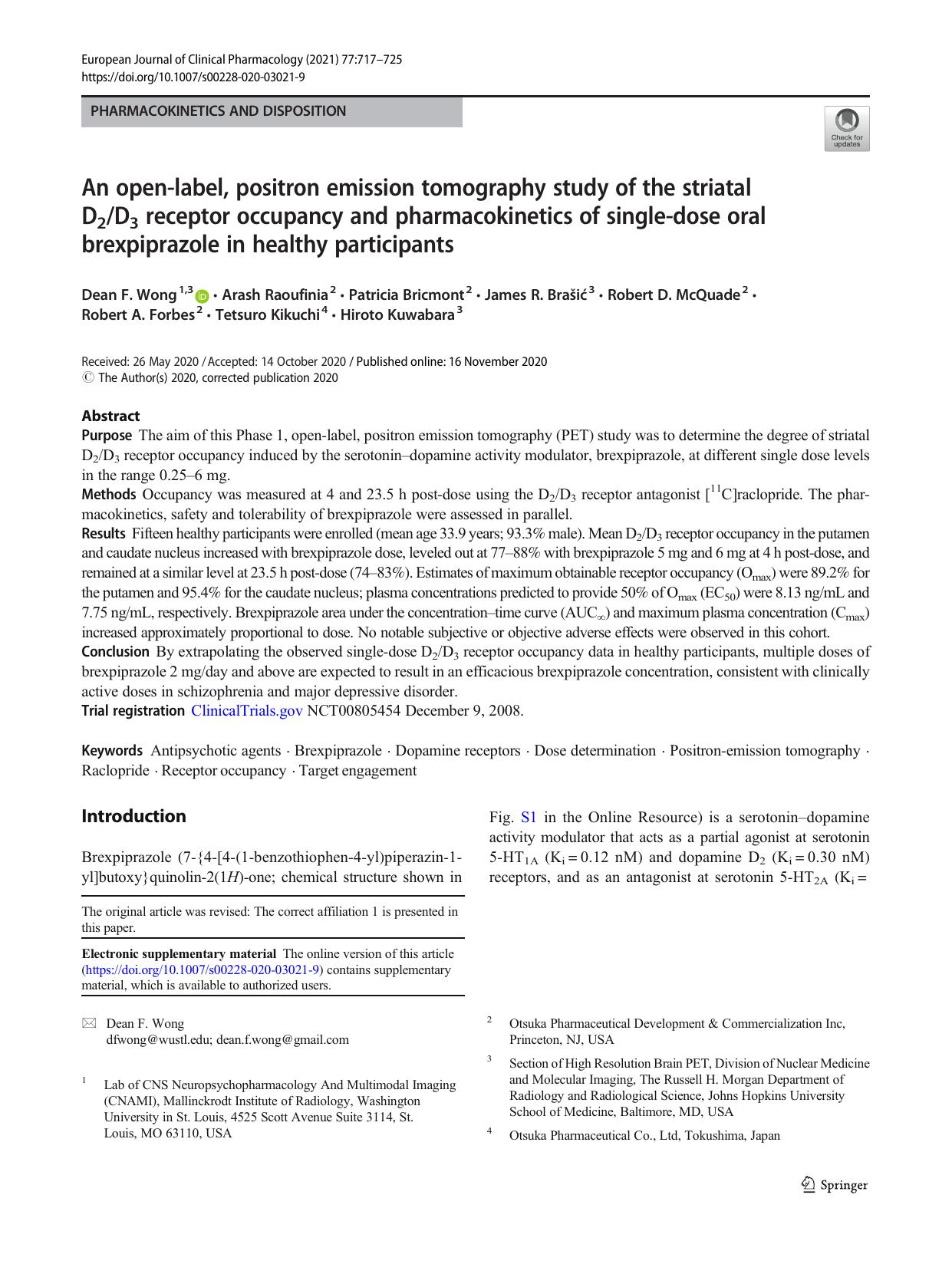 An open-label, positron emission tomography study of the striatal D2D3 receptor occupancy and pharmacokinetics of single-dose oral brexpiprazole in healthy participants by unknow