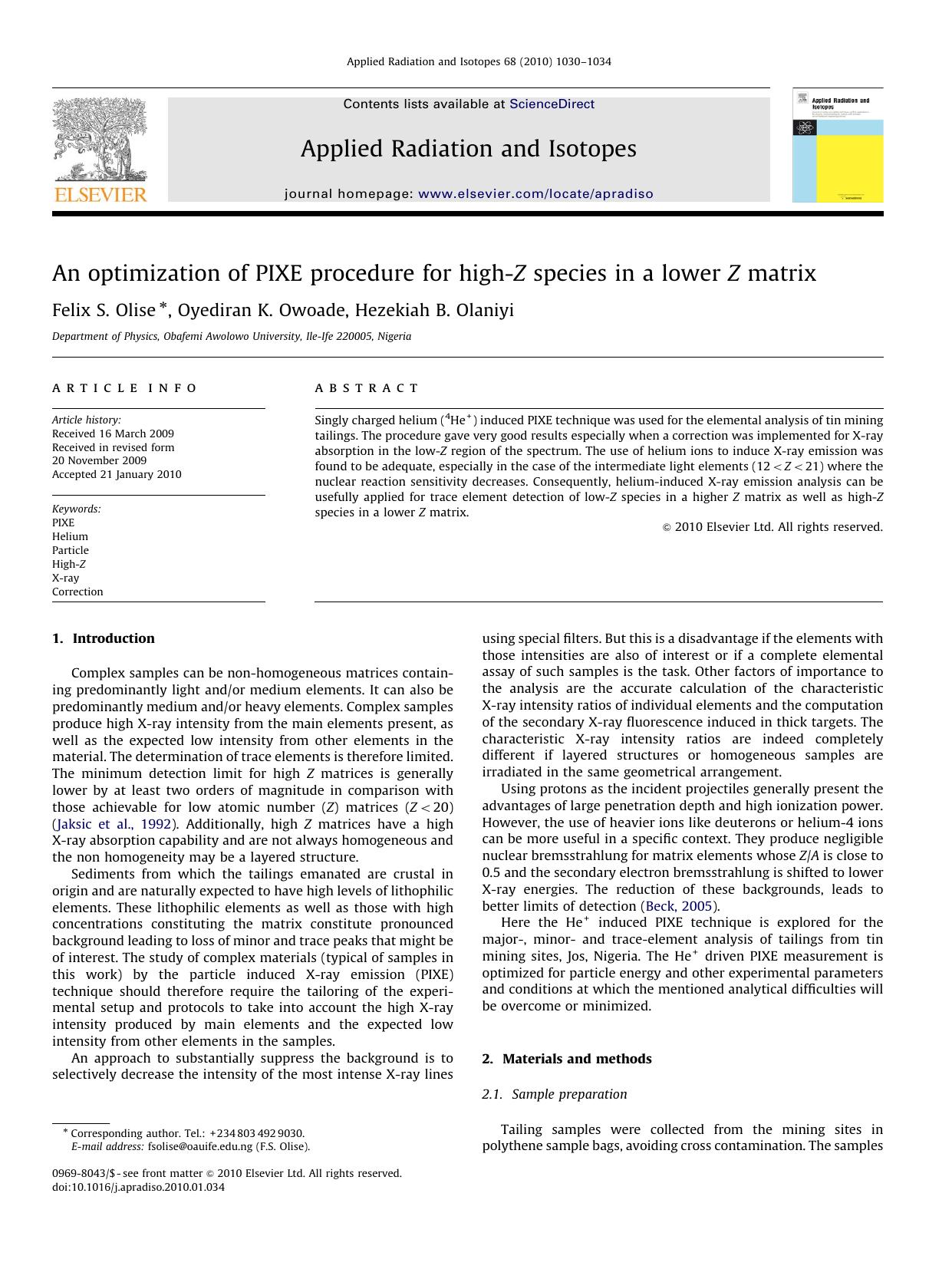 An optimization of PIXE procedure for high-Z species in a lower Z matrix by Felix S. Olise; Oyediran K. Owoade; Hezekiah B. Olaniyi