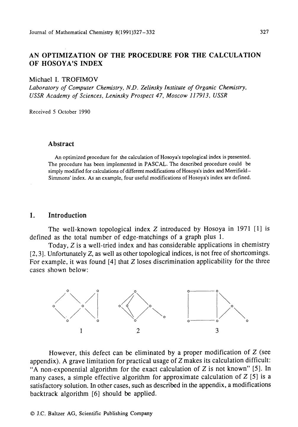 An optimization of the procedure for the calculation of Hosoya's index by Unknown