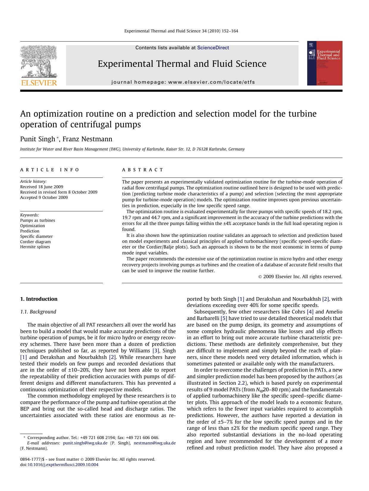An optimization routine on a prediction and selection model for the turbine operation of centrifugal pumps by Punit Singh; Franz Nestmann