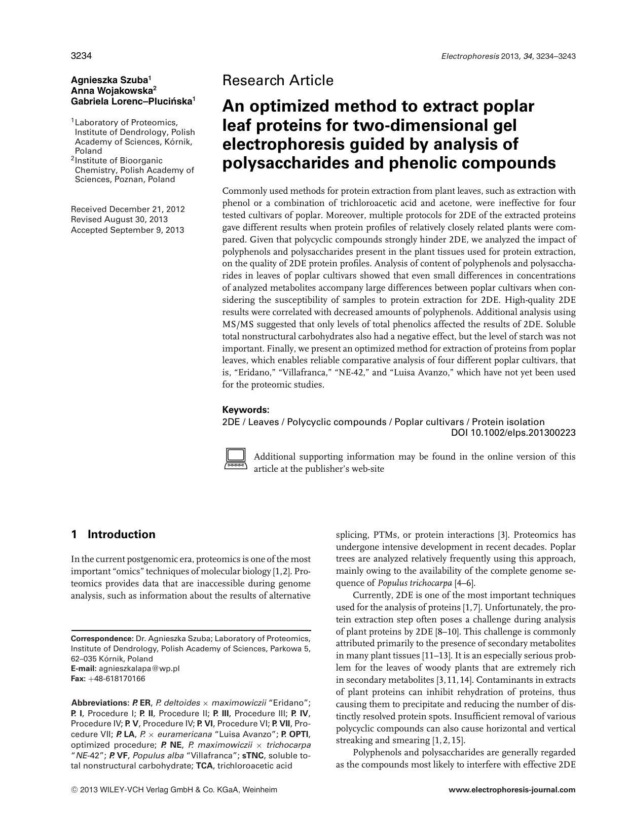 An optimized method to extract poplar leaf proteins for two&#x02010;dimensional gel electrophoresis guided by analysis of polysaccharides and phenolic compounds by Unknown