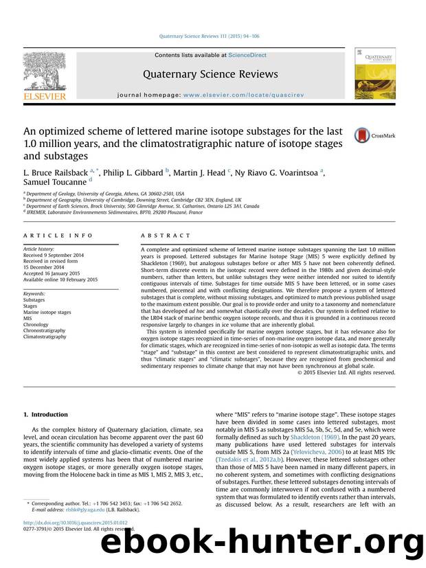An optimized scheme of lettered marine isotope substages for the last 1.0 million years, and the climatostratigraphic nature of isotope stages and substages by L. Bruce Railsback & Philip L. Gibbard & Martin J. Head & Ny Riavo G. Voarintsoa & Samuel Toucanne