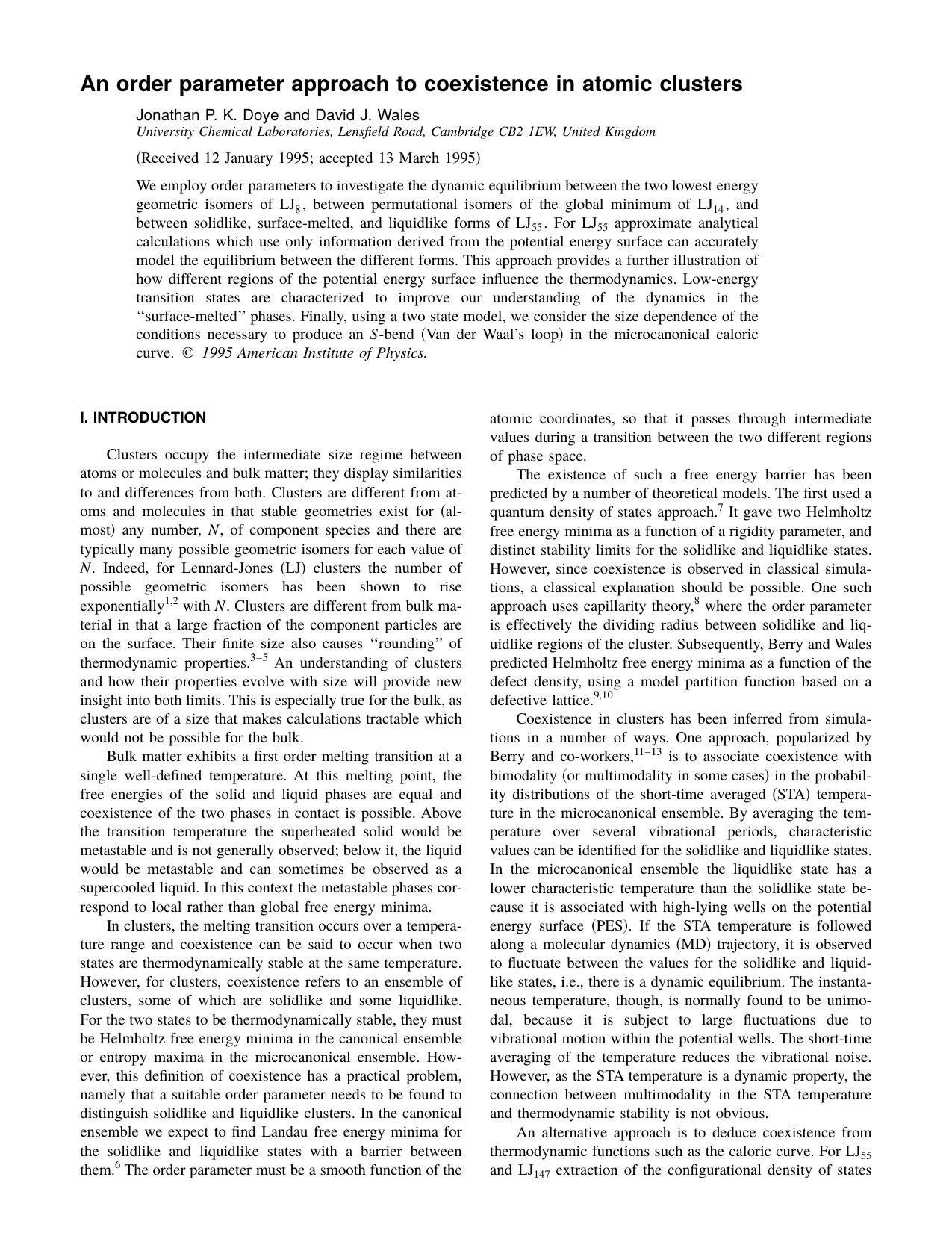 An order parameter approach to coexistence in atomic by Jonathan P. K. Doye and David J. Wales
