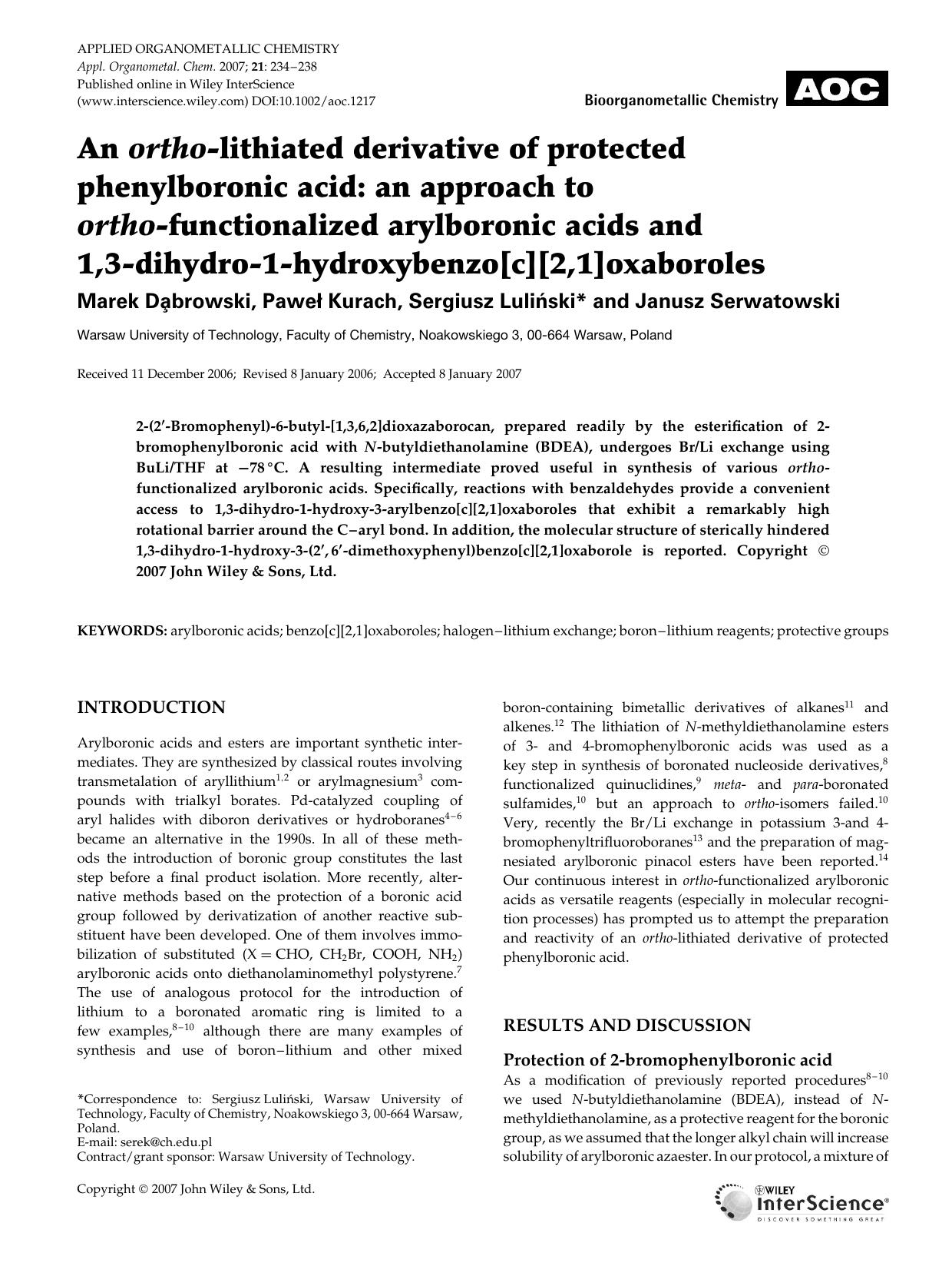 An ortho-lithiated derivative of protected phenylboronic acid: an approach to ortho-functionalized arylboronic acids and 1,3-dihydro-1-hydroxybenzo[c][2,1]oxaboroles by Unknown