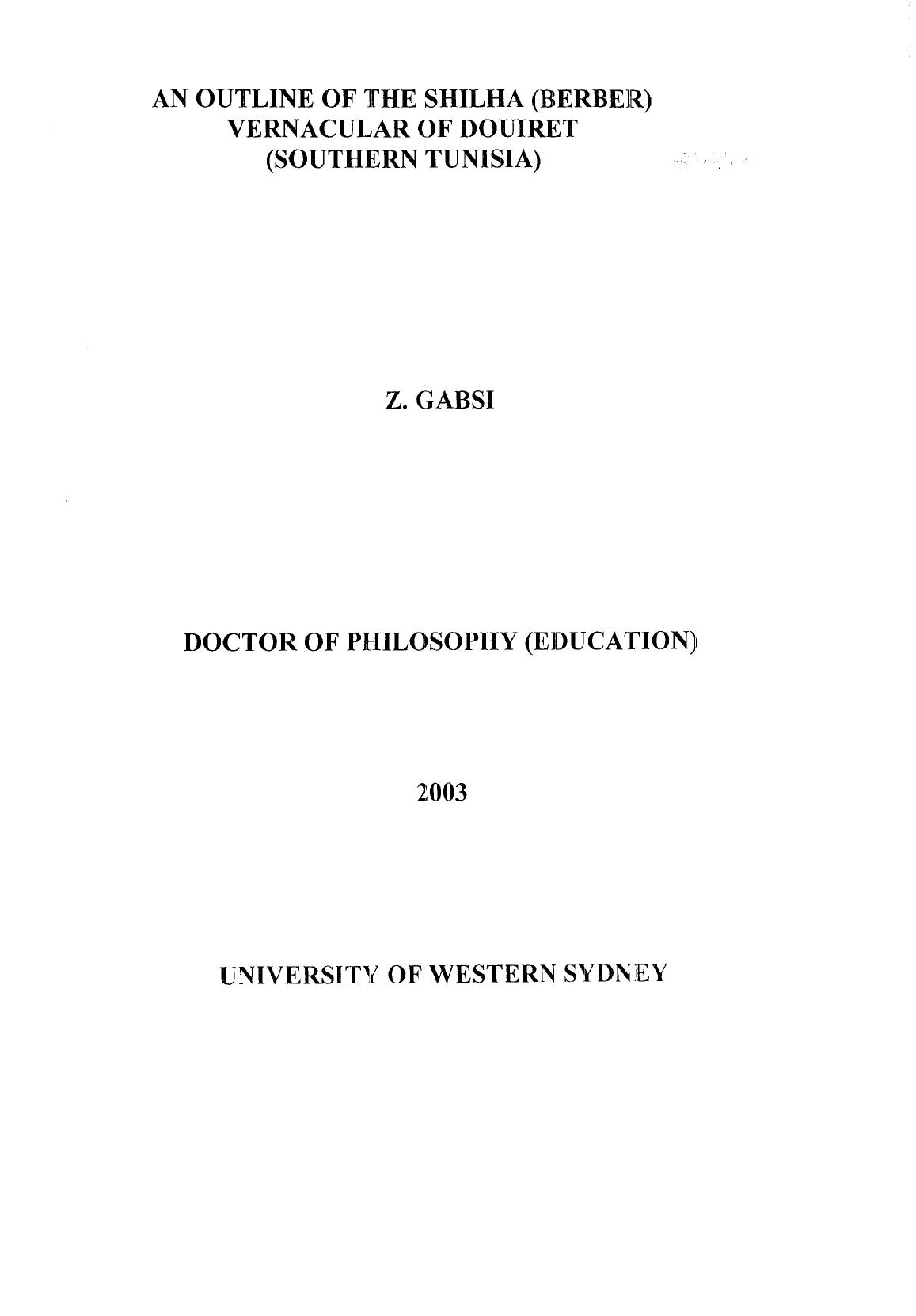 An outline of the Shilha (Berber) vernacular of Douiret (Southern Tunisia) by Z. Gabsi