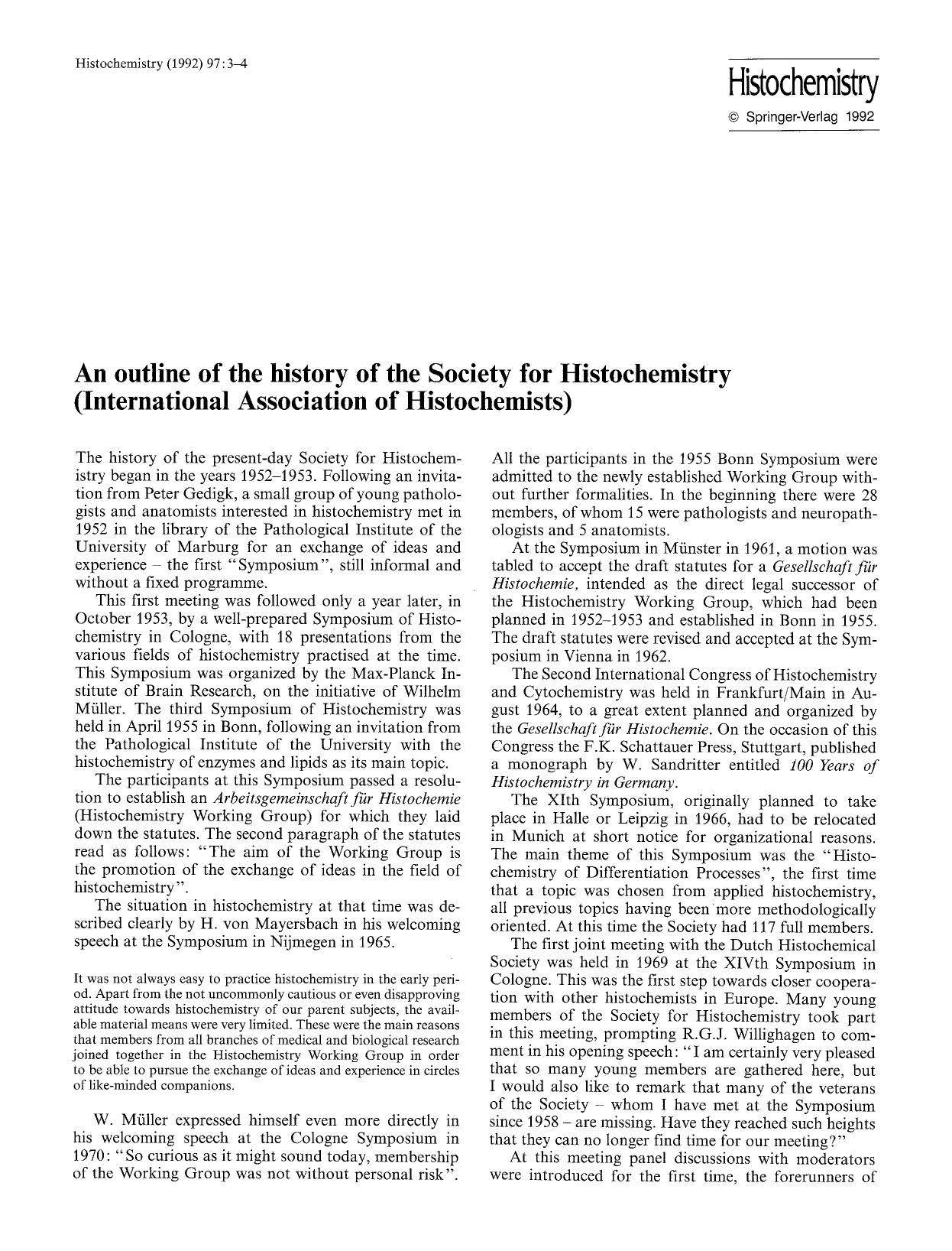 An outline of the history of the Society for Histochemistry (international association of histochemists) by Unknown
