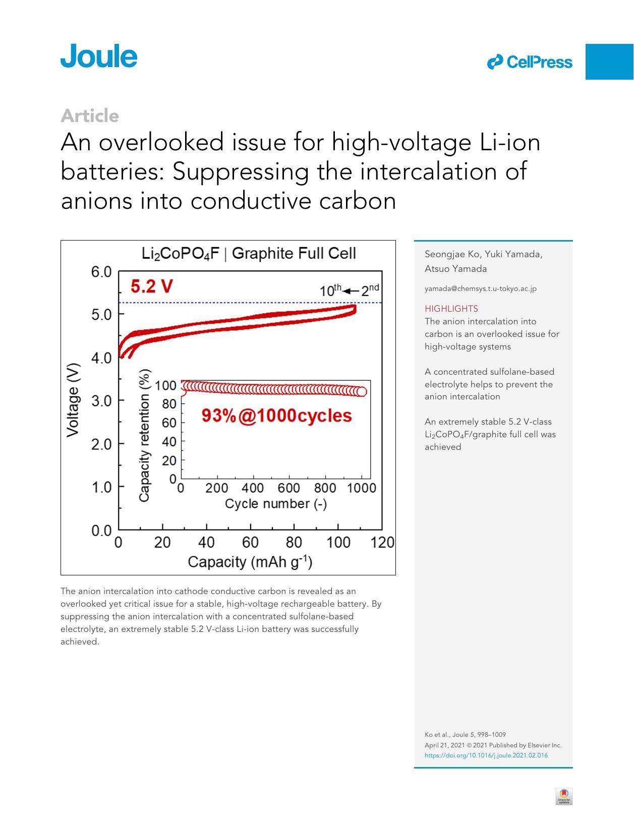 An overlooked issue for high-voltage Li-ion batteries: Suppressing the intercalation of anions into conductive carbon by Seongjae Ko & Yuki Yamada & Atsuo Yamada