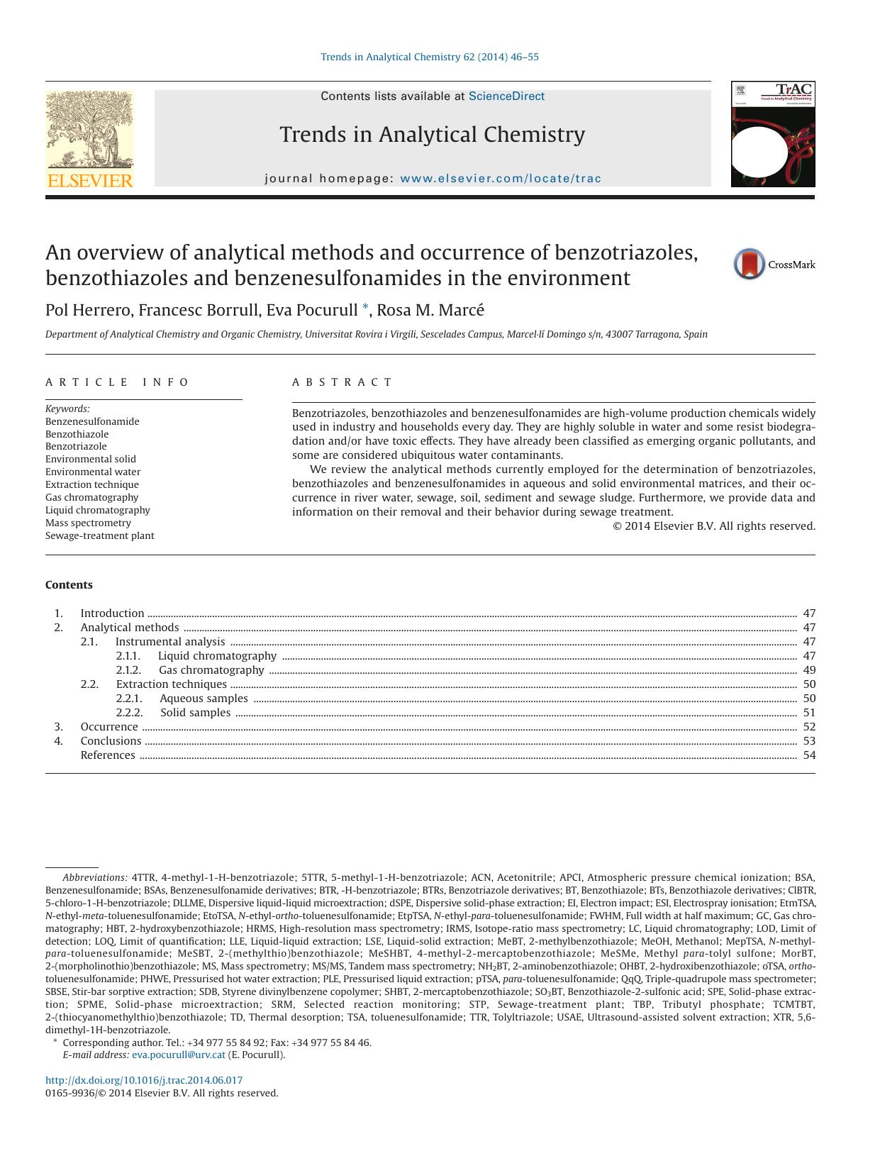 An overview of analytical methods and occurrence of benzotriazoles, benzothiazoles and benzenesulfonamides in the environment by Pol Herrero & Francesc Borrull & Eva Pocurull & Rosa M. Marcé