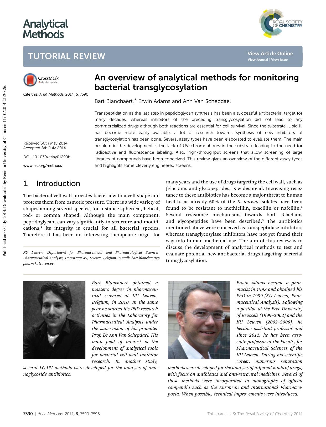 An overview of analytical methods for monitoring bacterial transglycosylation by Bart Blanchaert & Erwin Adams & Ann Van Schepdael
