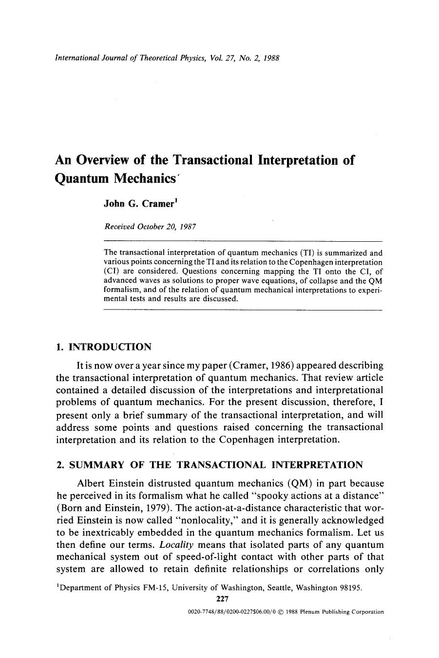An overview of the transactional interpretation of quantum mechanics by Unknown