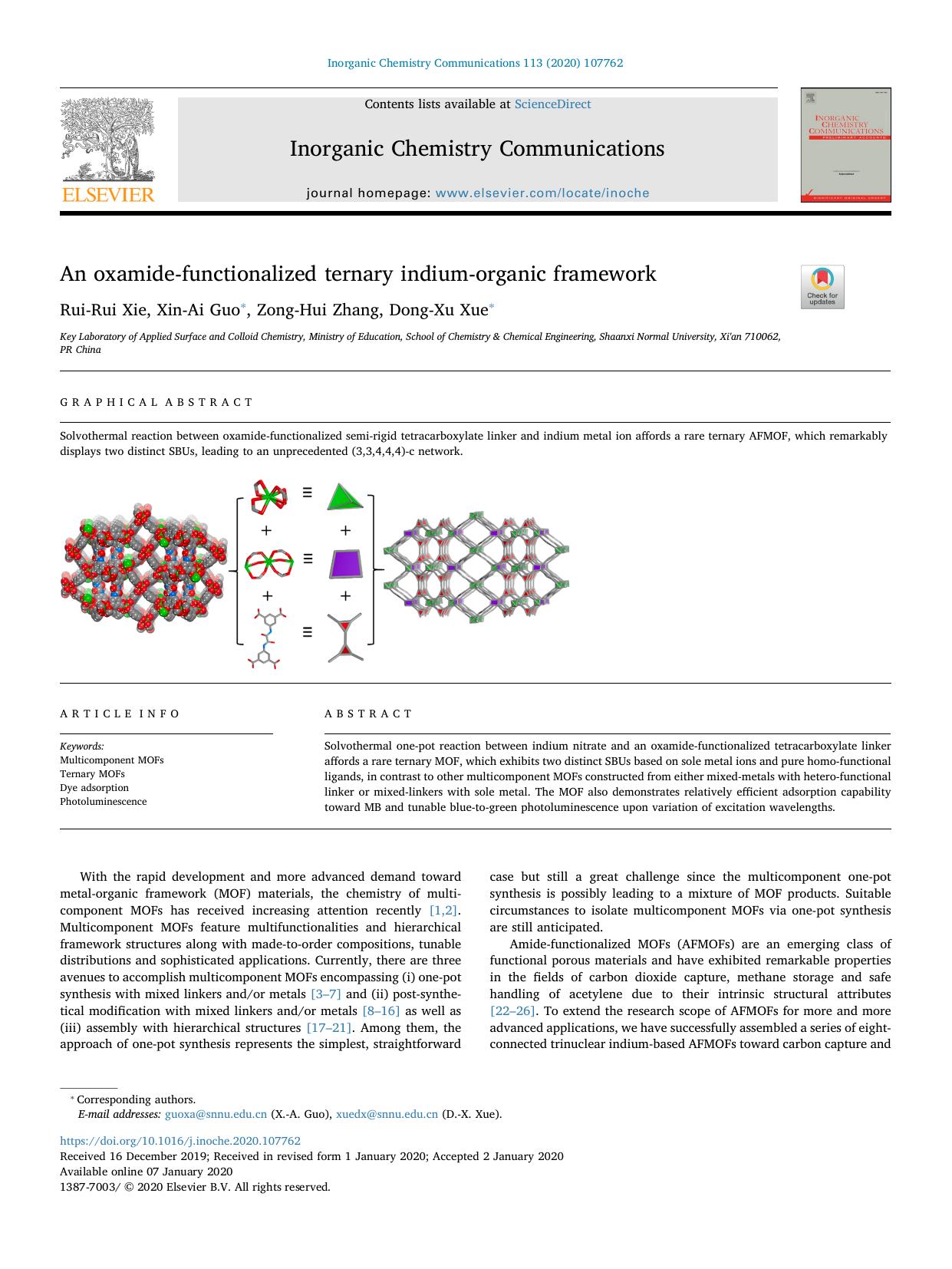 An oxamide-functionalized ternary indium-organic framework by Rui-Rui Xie & Xin-Ai Guo & Zong-Hui Zhang & Dong-Xu Xue