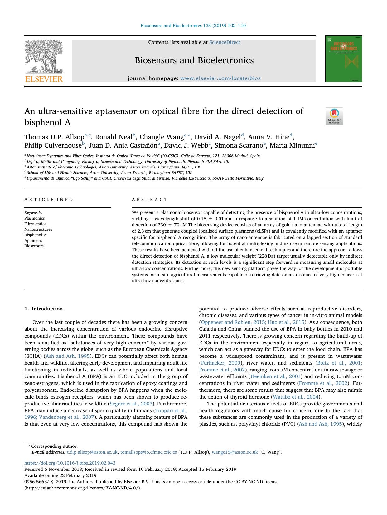 An ultra-sensitive aptasensor on optical fibre for the direct detection of bisphenol A by unknow