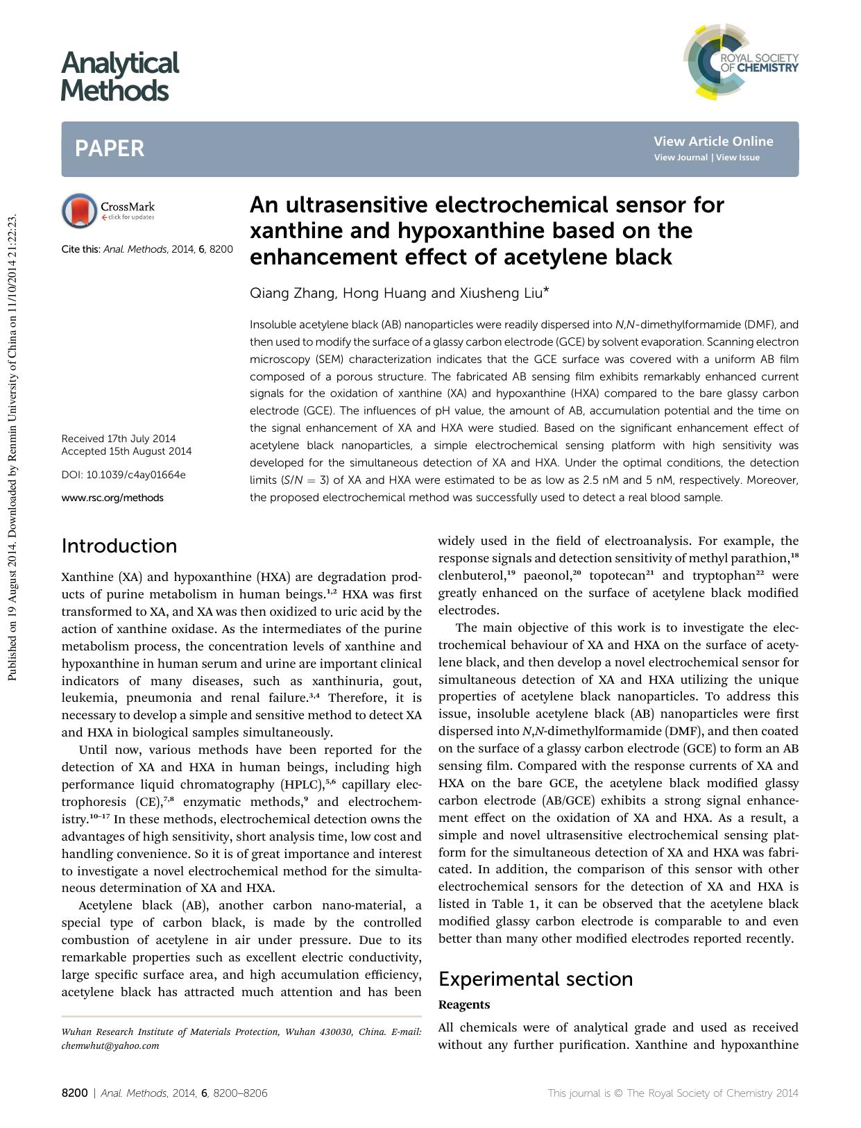 An ultrasensitive electrochemical sensor for xanthine and hypoxanthine based on the enhancement effect of acetylene black by Qiang Zhang & Hong Huang & Xiusheng Liu