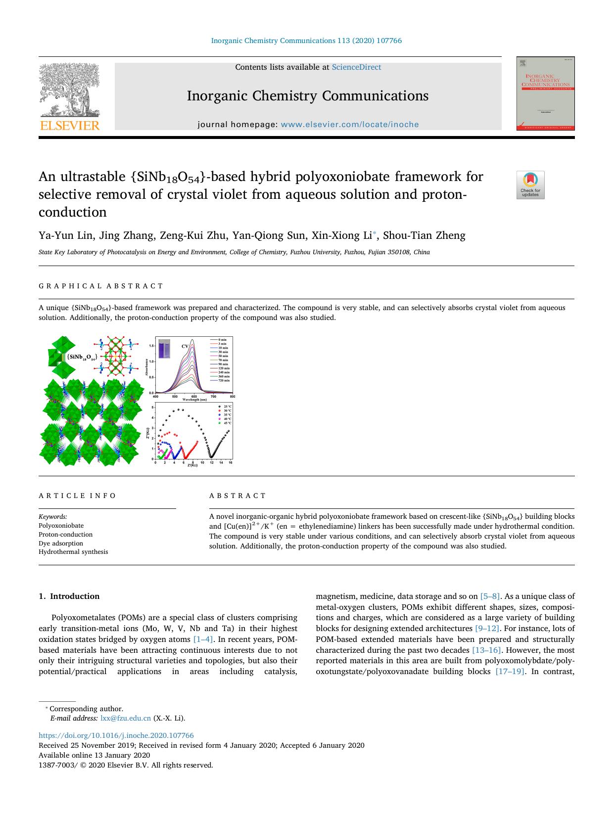 An ultrastable {SiNb18O54}-based hybrid polyoxoniobate framework for selective removal of crystal violet from aqueous solution and proton-conduction by Ya-Yun Lin & Jing Zhang & Zeng-Kui Zhu & Yan-Qiong Sun & Xin-Xiong Li & Shou-Tian Zheng