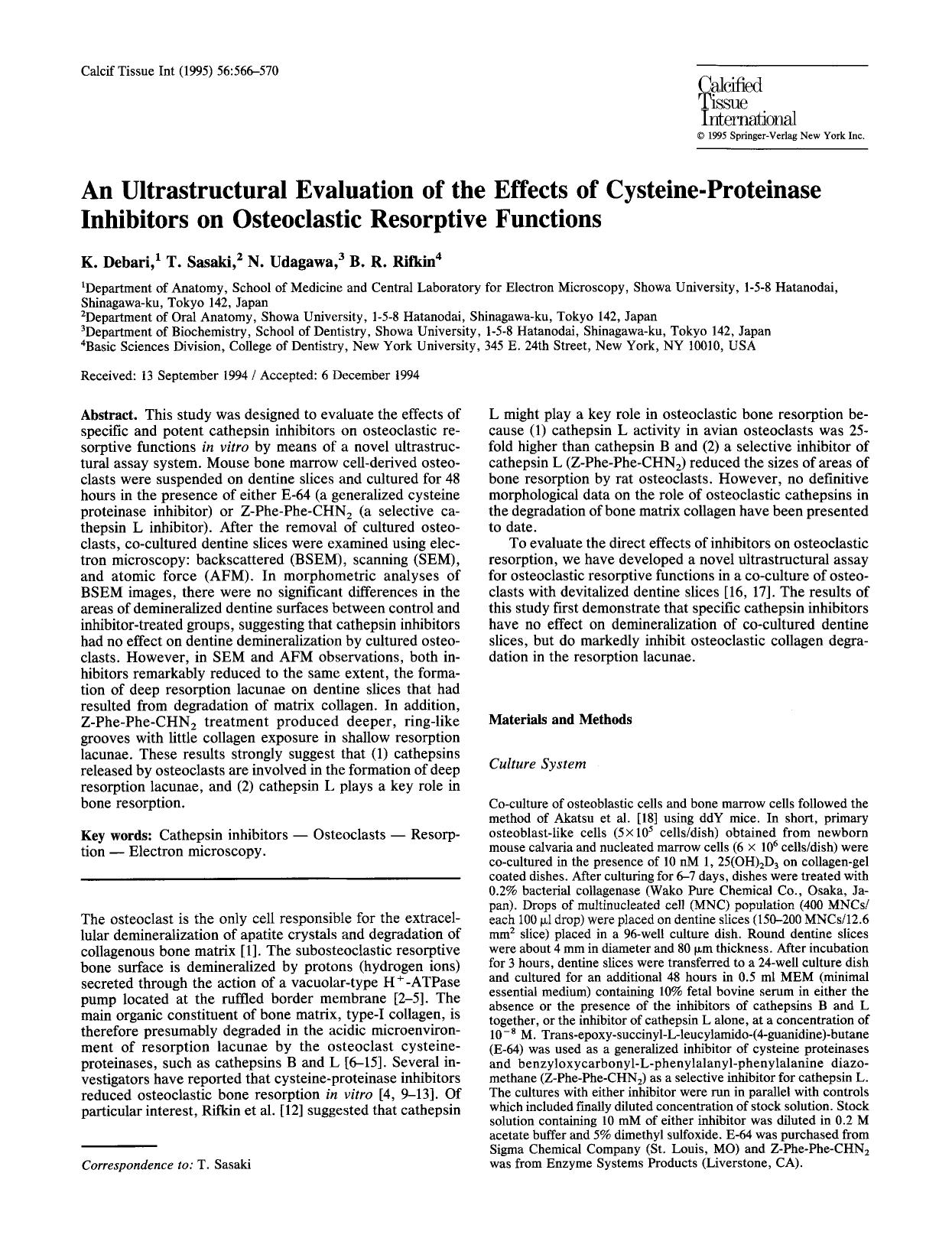 An ultrastructural evaluation of the effects of cysteine-proteinase inhibitors on osteoclastic resorptive functions by Unknown