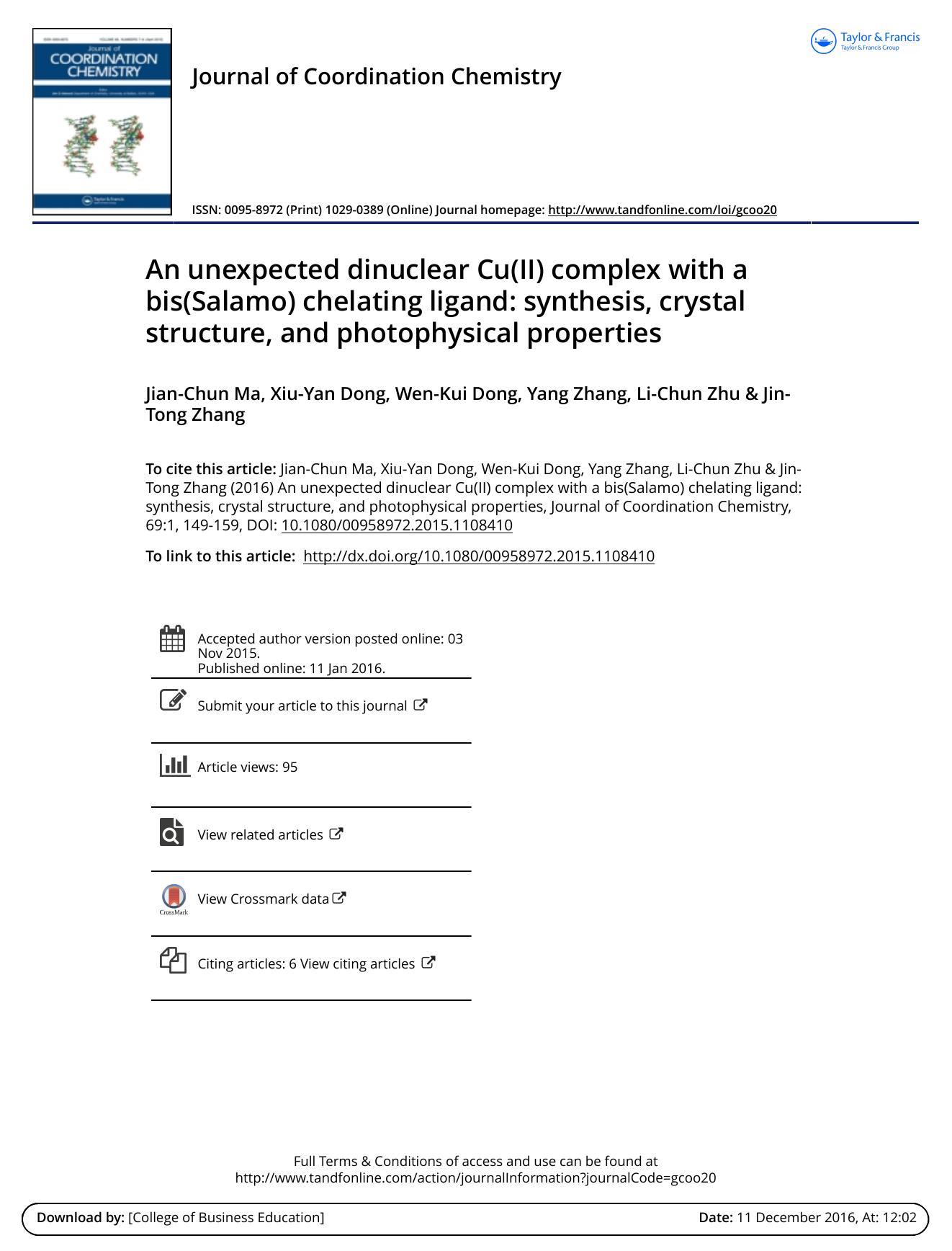 An unexpected dinuclear Cu(II) complex with a bis(Salamo) chelating ligand: synthesis, crystal structure, and photophysical properties by Jian-Chun Ma & Xiu-Yan Dong & Wen-Kui Dong & Yang Zhang & Li-Chun Zhu & Jin-Tong Zhang