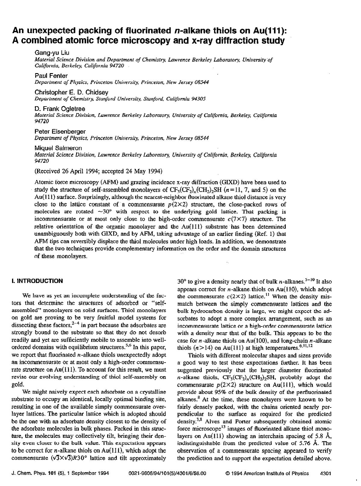 An unexpected packing of fluorinated n-alkane thiols on Au(111): A combined atomic force microscopy and x-ray diffraction study by unknow