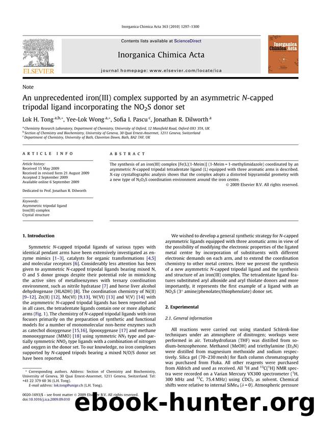 An unprecedented iron(III) complex supported by an asymmetric N-capped tripodal ligand incorporating the NO2S donor set by Lok H. Tong; Yee-Lok Wong; Sofia I. Pascu; Jonathan R. Dilworth