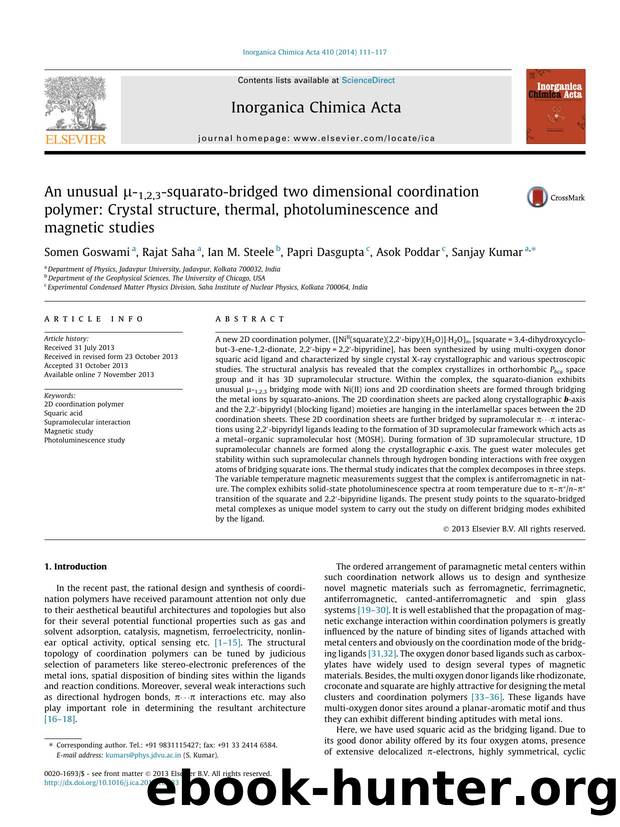 An unusual ÃÂ¼-1,2,3-squarato-bridged two dimensional coordination polymer: Crystal structure, thermal, photoluminescence and magnetic studies by Somen Goswami & Rajat Saha & Ian M. Steele & Papri Dasgupta & Asok Poddar & Sanjay Kumar