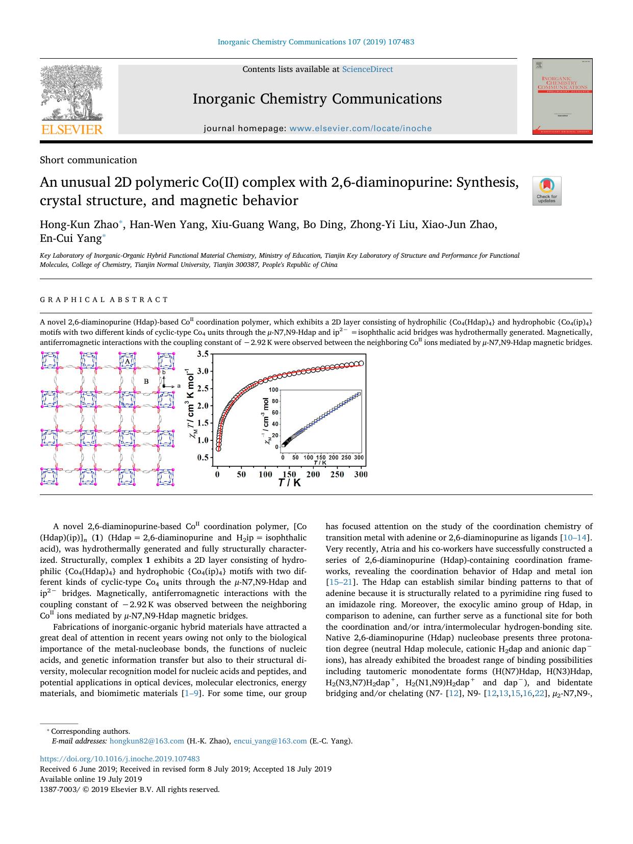 An unusual 2D polymeric Co(II) complex with 2,6-diaminopurine_ Synthesis, crystal structure, and magnetic behavior by Hong-Kun Zhao & Han-Wen Yang & Xiu-Guang Wang & Bo Ding & Zhong-Yi Liu & Xiao-Jun Zhao & En-Cui Yang