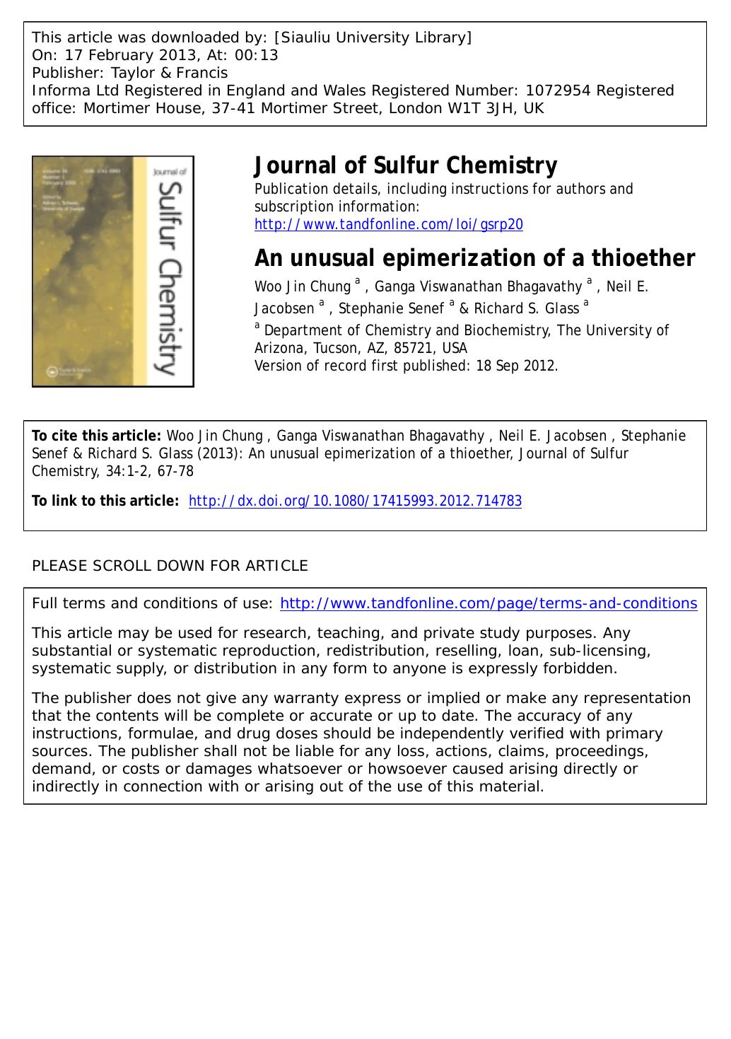 An unusual epimerization of a thioether by Woo Jin Chung Ganga Viswanathan Bhagavathy Neil E. Jacobsen Stephanie Senef & Richard S. Glass