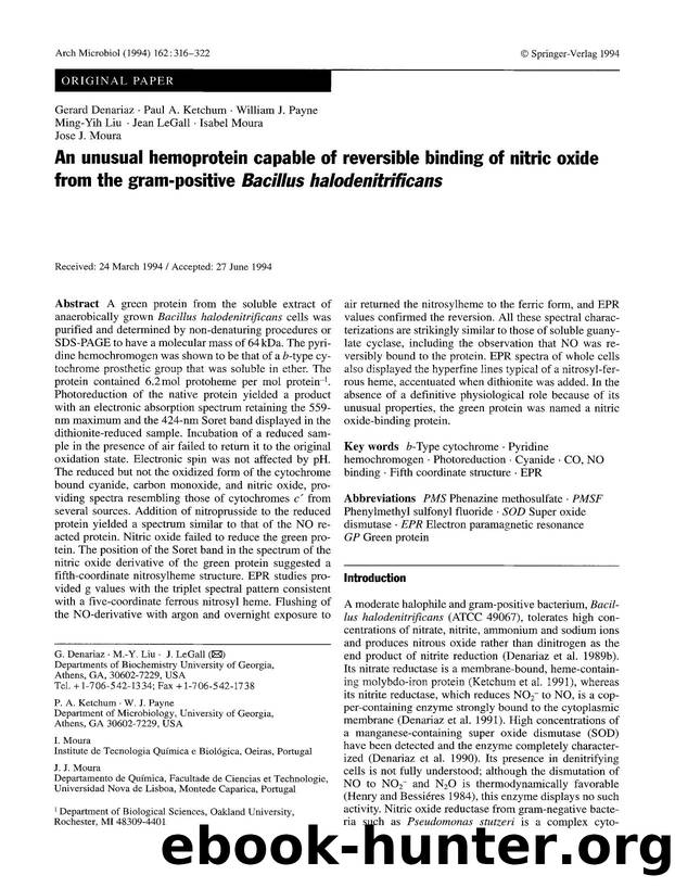 An unusual hemoprotein capable of reversible binding of nitric oxide from the gram-positive <Emphasis Type="Italic">Bacillus halodenitrificans<Emphasis> by Unknown