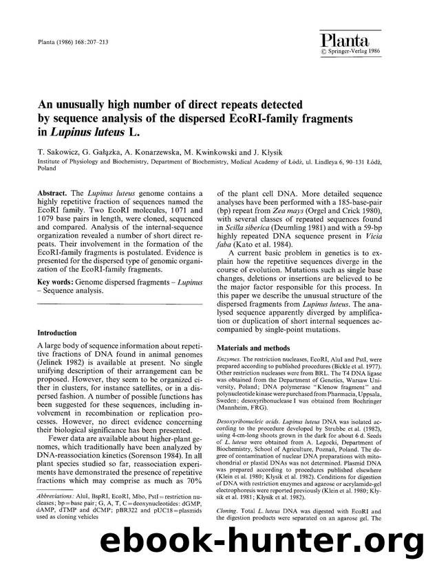 An unusually high number of direct repeats detected by sequence analysis of the dispersed EcoRI-family fragments in <Emphasis Type="Italic">Lupinus luteus<Emphasis> L. by Unknown