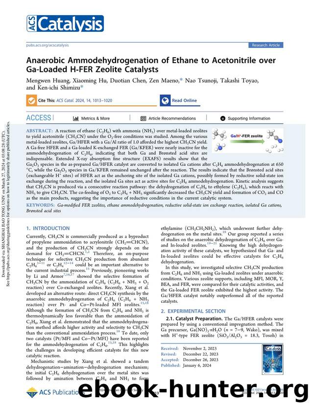 Anaerobic Ammodehydrogenation of Ethane to Acetonitrile over Ga-Loaded H-FER Zeolite Catalysts by Mengwen Huang Xiaoming Hu Duotian Chen Zen Maeno Nao Tsunoji Takashi Toyao & Ken-ichi Shimizu
